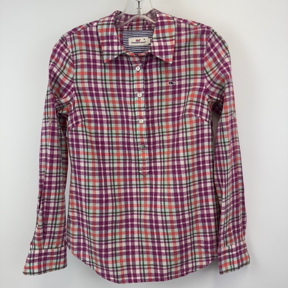 Vineyard Vines Womens 00 Plaid Linen Cotton Button Down‎ Shirt Purple Orange